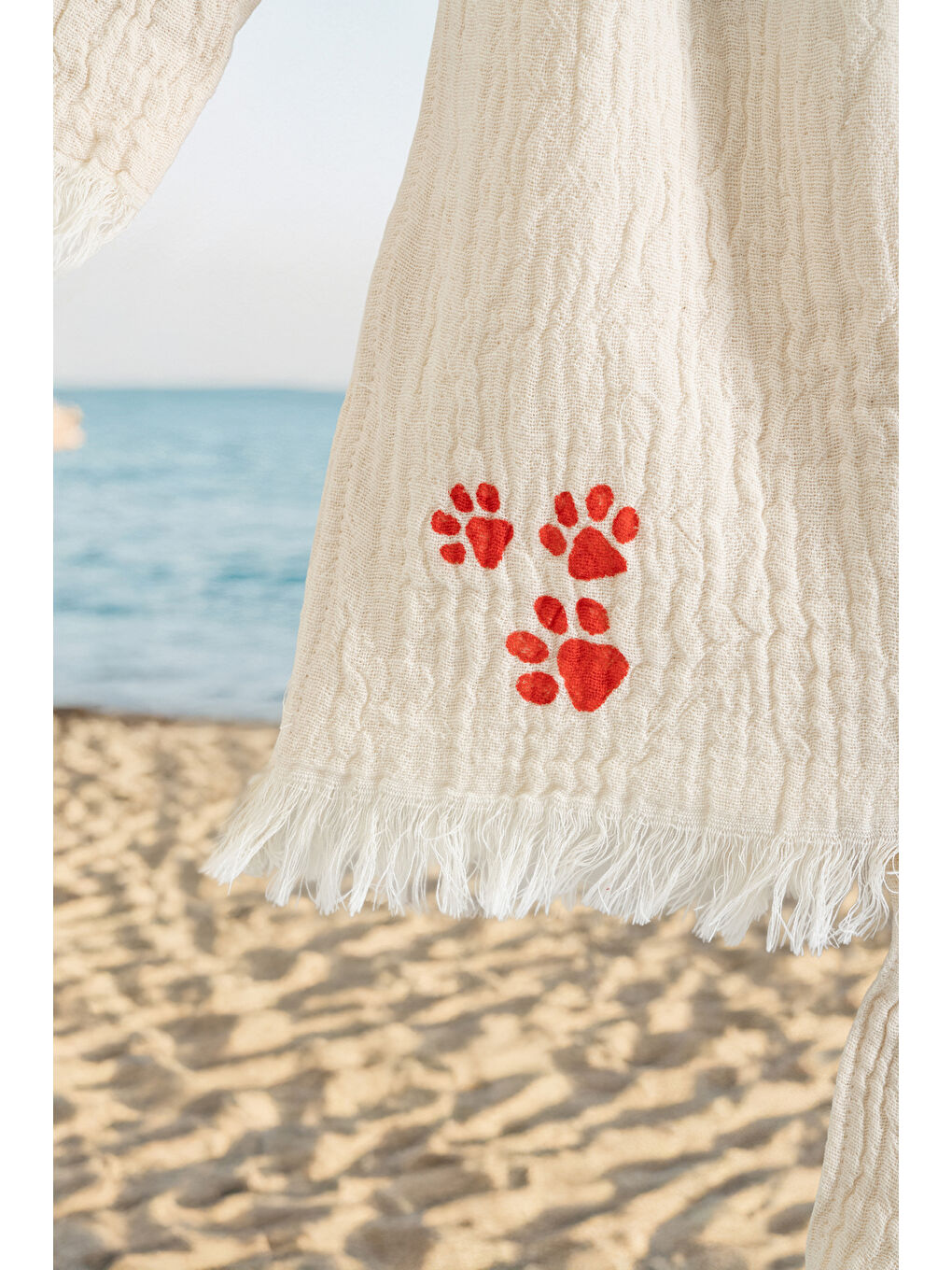 Ekru %100 Organik, El İşçiliği Taş Baskı Çocuk Bornozu - Pati-2