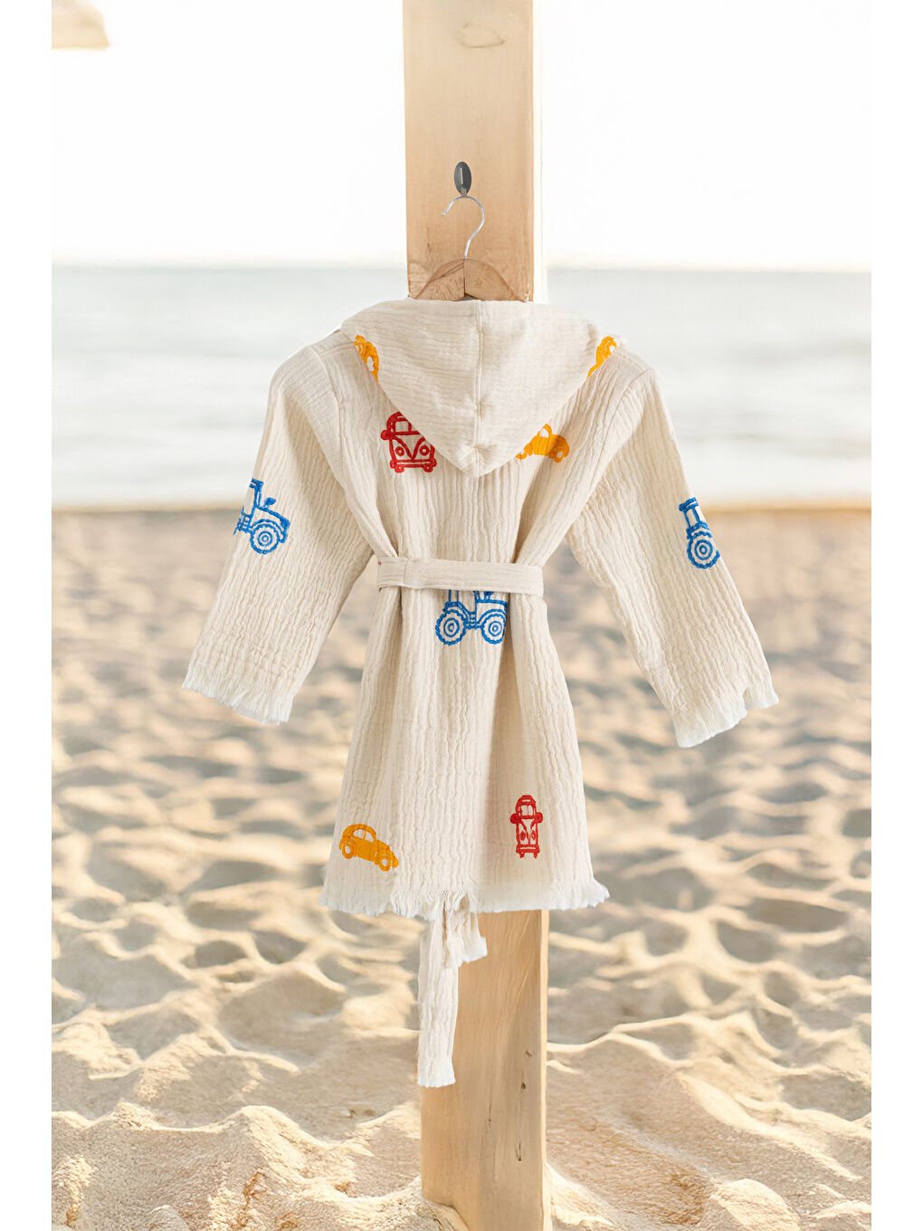 Ekru %100 Organik, El İşçiliği Taş Baskı Çocuk Bornozu - Trafik-1