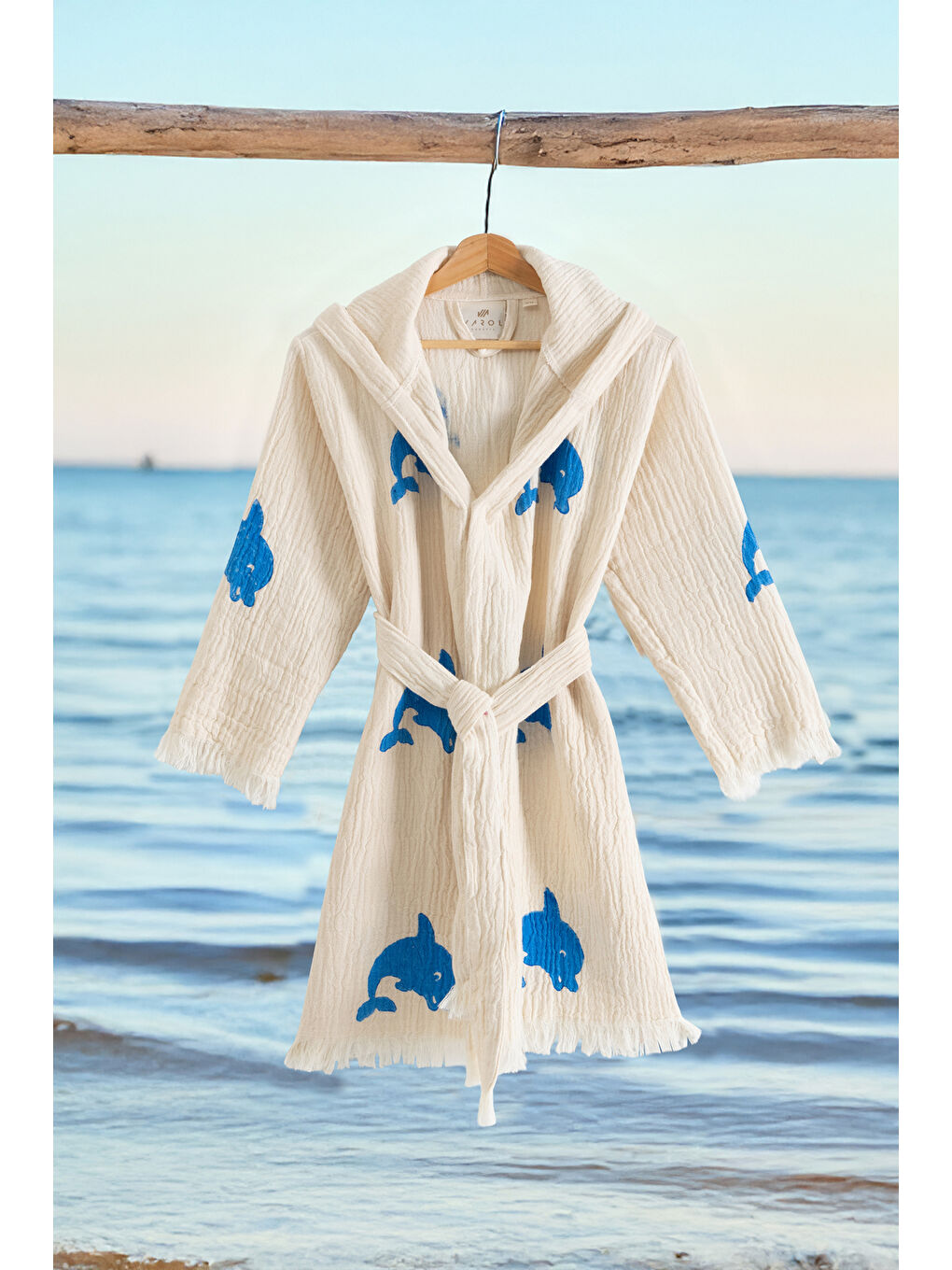 Ekru %100 Organik, El İşçiliği Taş Baskı Garson Boy Bornozu - Yunus-1