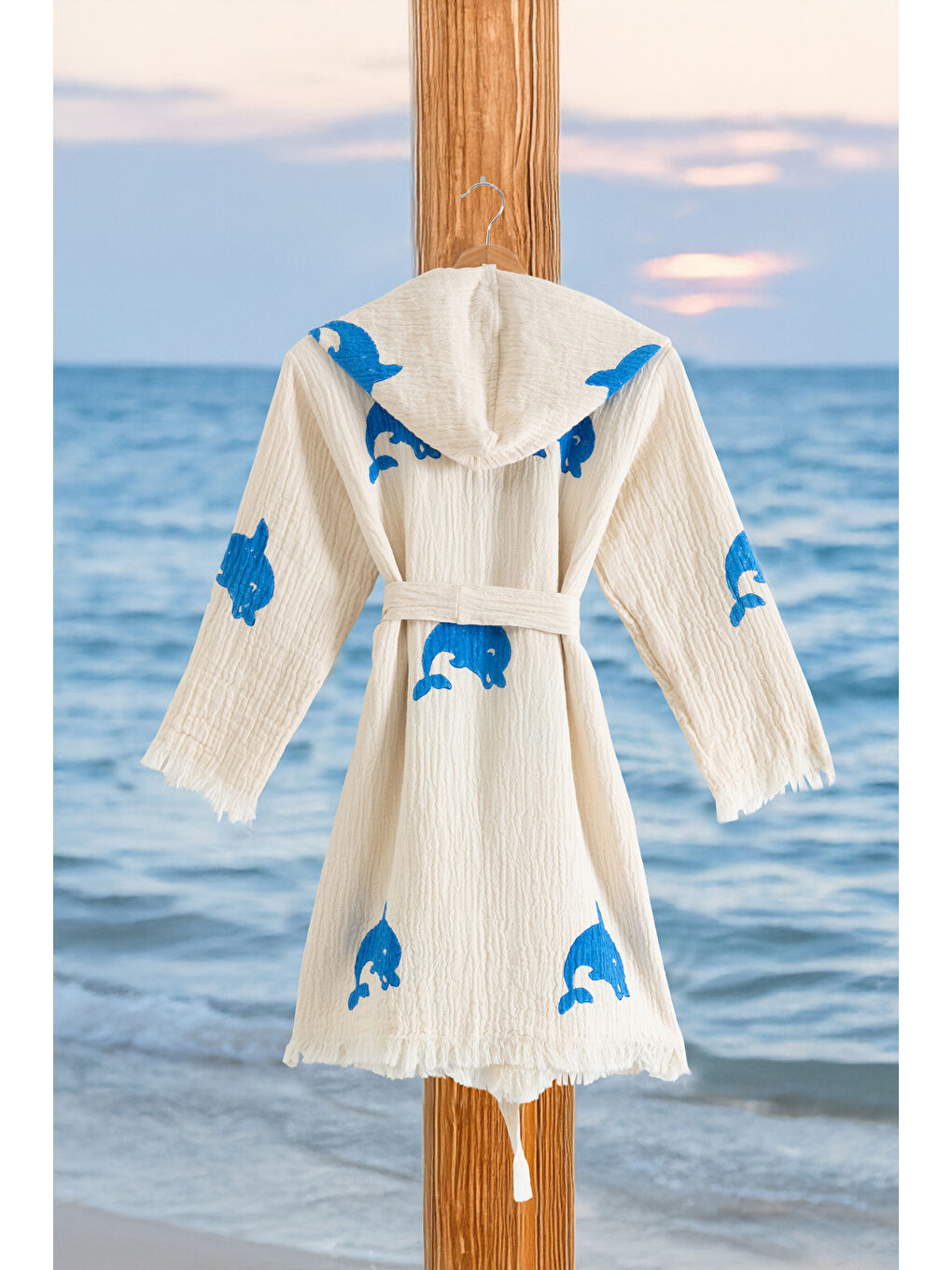 Ekru %100 Organik, El İşçiliği Taş Baskı Garson Boy Bornozu - Yunus-2