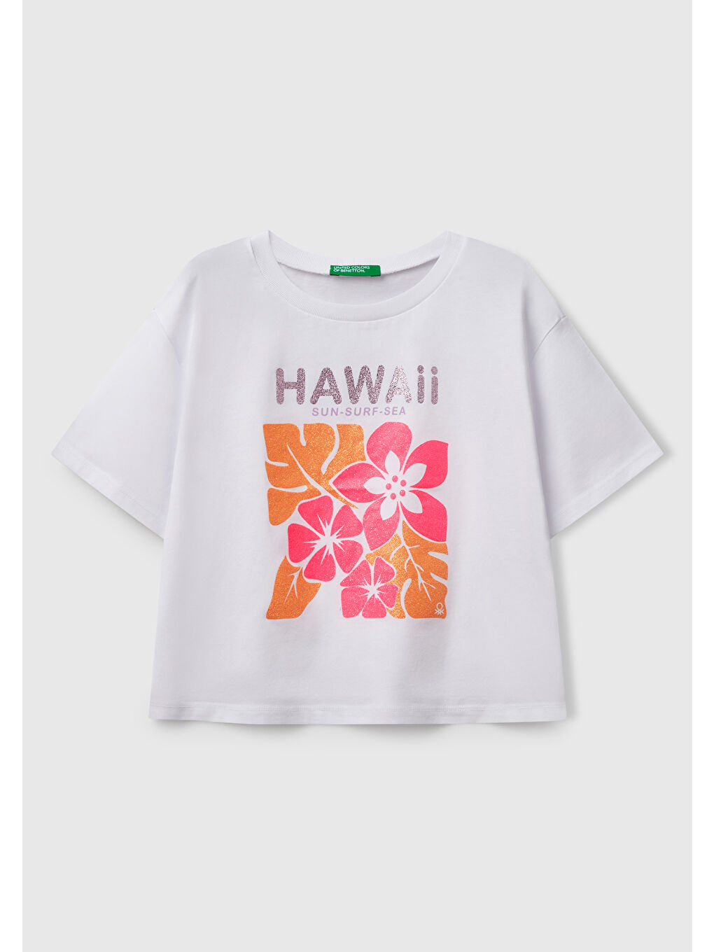 Kız Çocuk Beyaz Parlak Baskılı Bisiklet Yaka T-Shirt