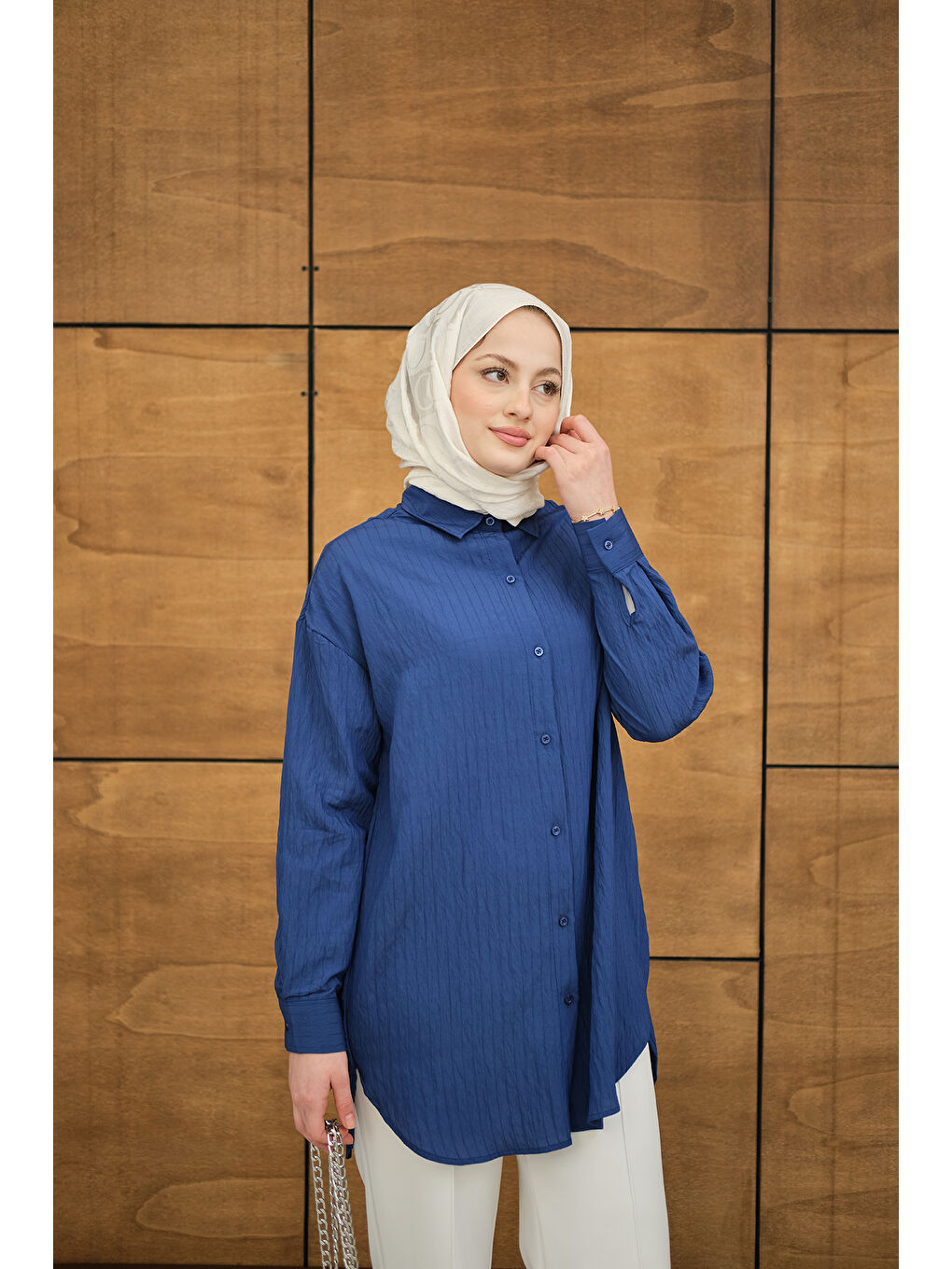 Kadın Krinkıl Kumaş Düğme Detay Gömlek Lacivert-2