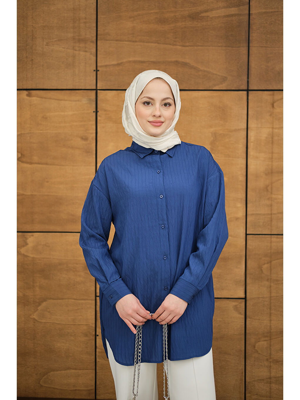 Kadın Krinkıl Kumaş Düğme Detay Gömlek Lacivert-4