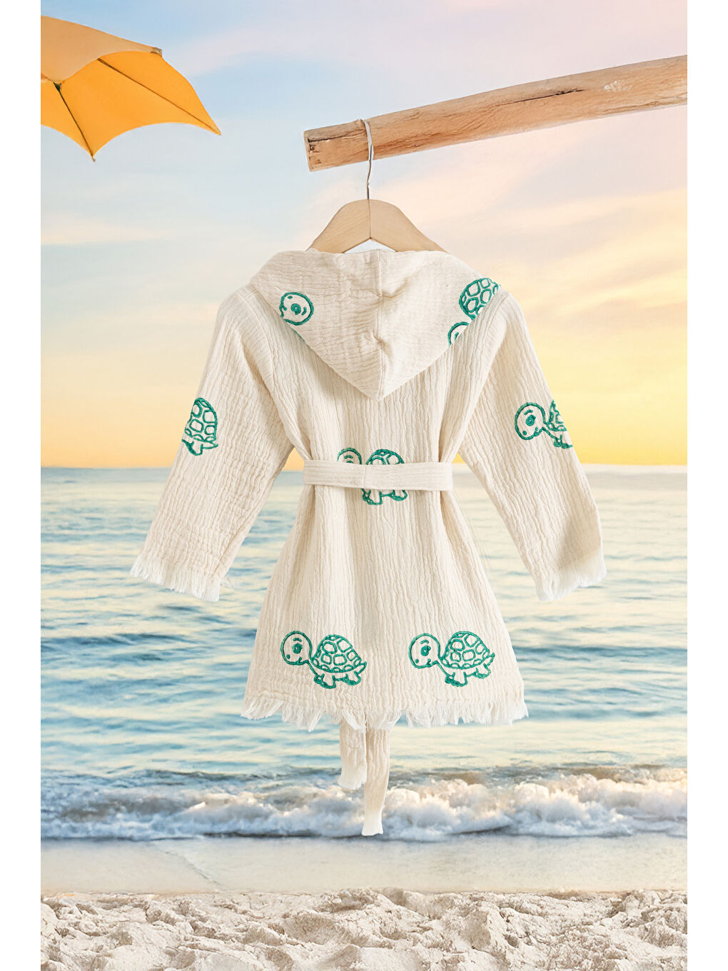 Ekru %100 Organik, El İşçiliği Taş Baskı Çocuk Bornozu - Kaplu-1