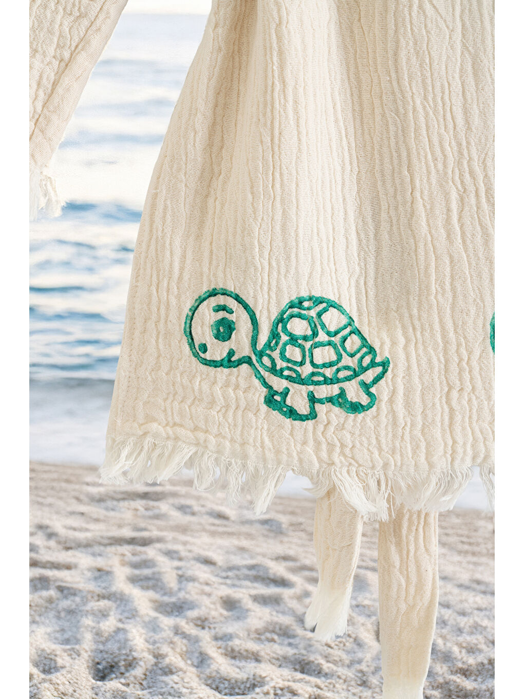 Ekru %100 Organik, El İşçiliği Taş Baskı Çocuk Bornozu - Kaplu-2