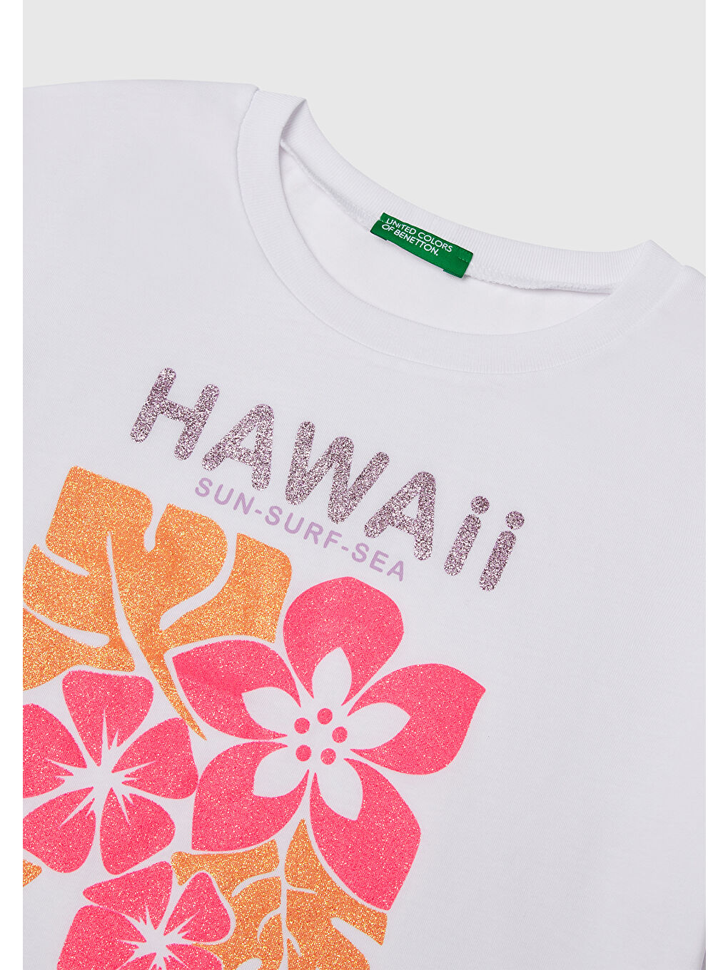 Kız Çocuk Beyaz Parlak Baskılı Bisiklet Yaka T-Shirt-2