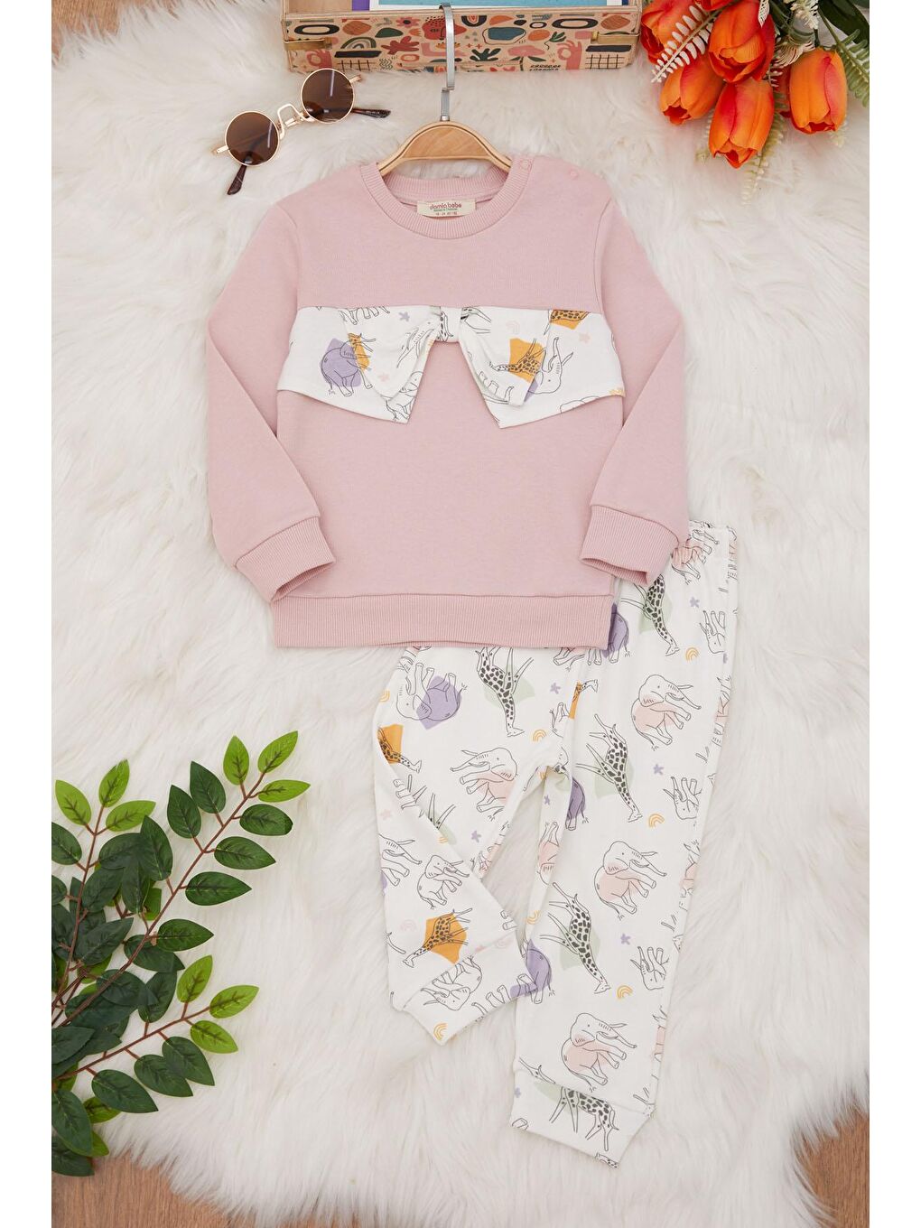 Pembe Gül Kurusu Hayvan Desenli Fiyonklu Kız Bebek Takım 17408
