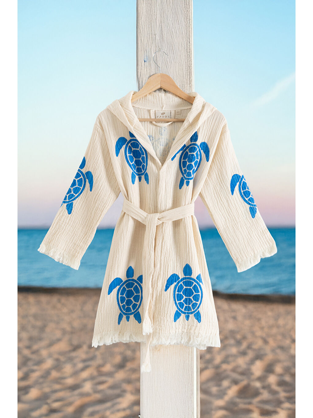 Ekru %100 Organik, El İşçiliği Taş Baskı Garson Boy Bornozu - Caretta
