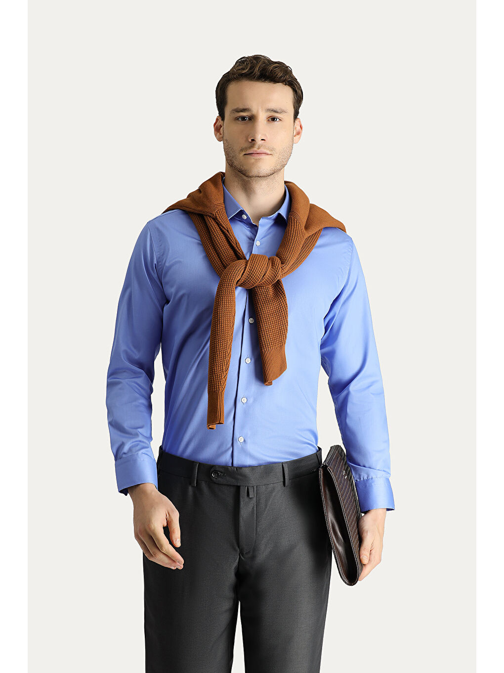 Mavi Uzun Kol Slim Fit Dar Kesim Non Iron Saten Pamuklu Gömlek