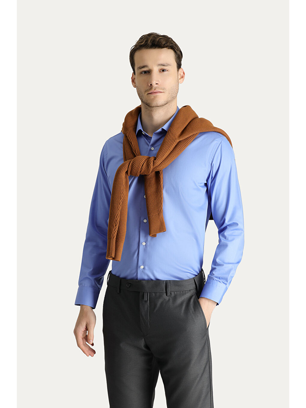 Mavi Uzun Kol Slim Fit Dar Kesim Non Iron Saten Pamuklu Gömlek-1