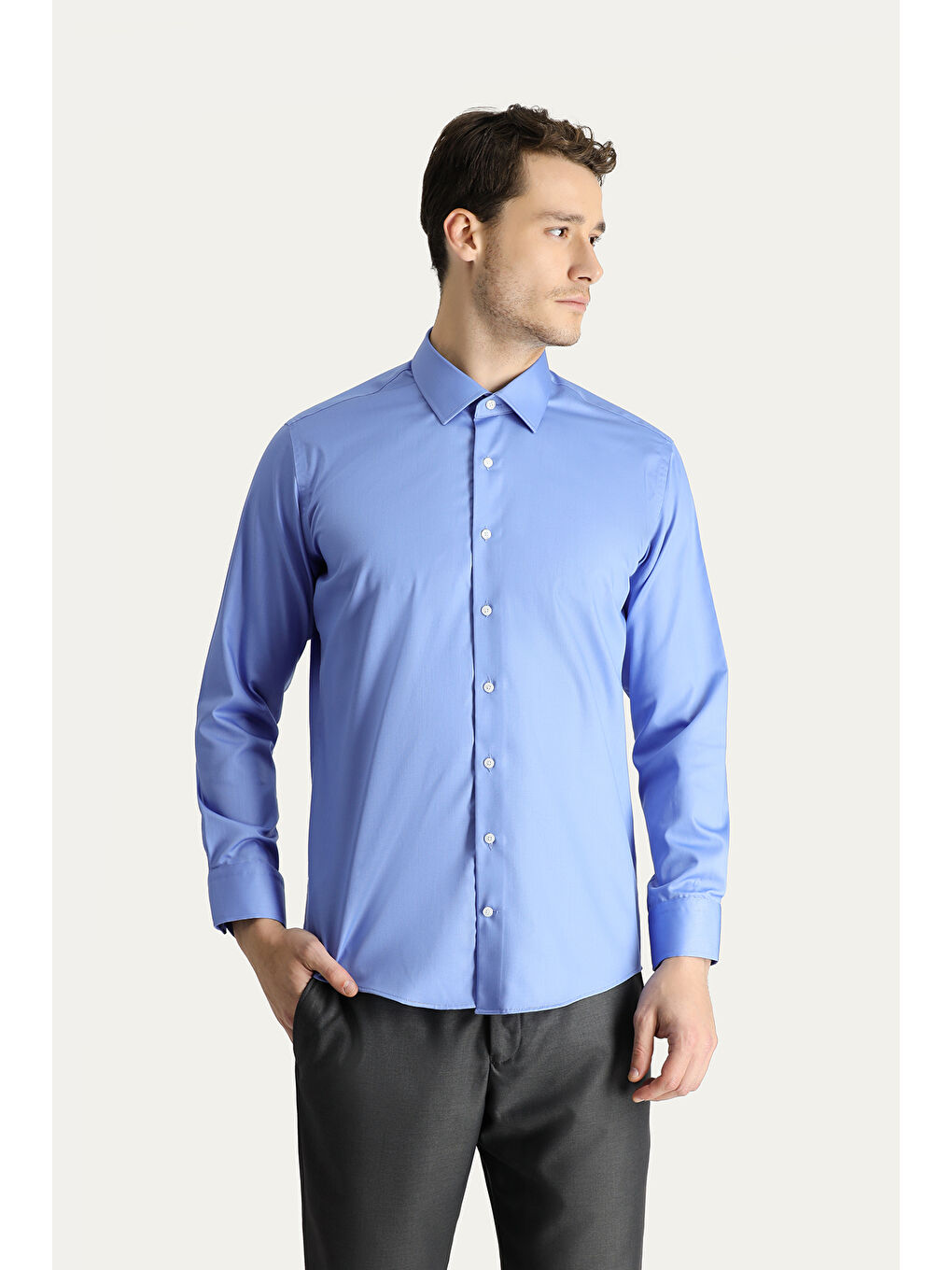 Mavi Uzun Kol Slim Fit Dar Kesim Non Iron Saten Pamuklu Gömlek-2