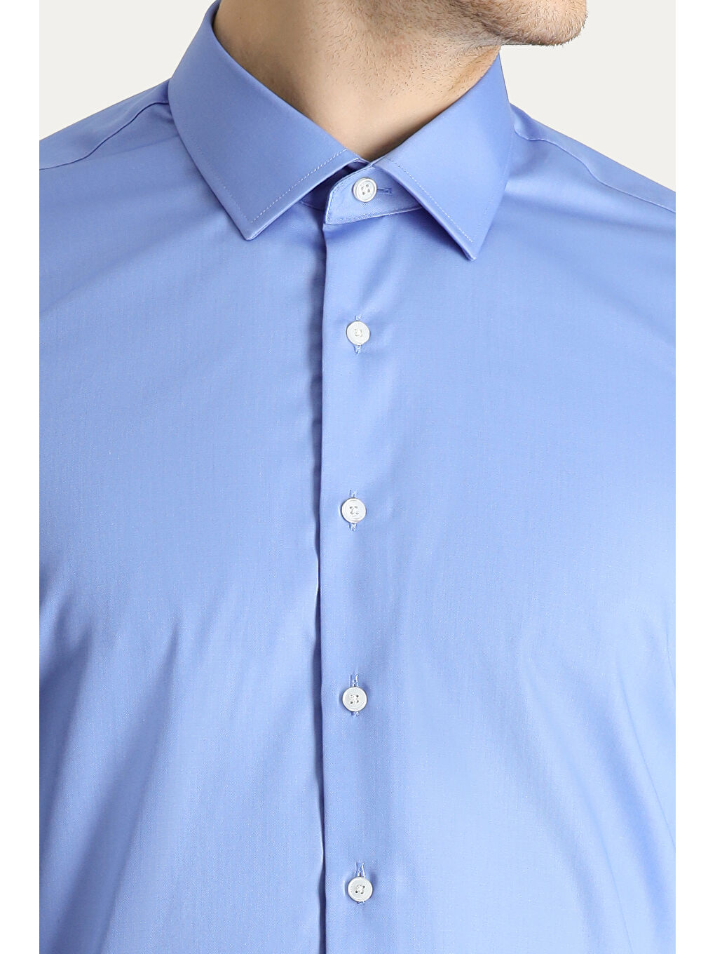 Mavi Uzun Kol Slim Fit Dar Kesim Non Iron Saten Pamuklu Gömlek-4