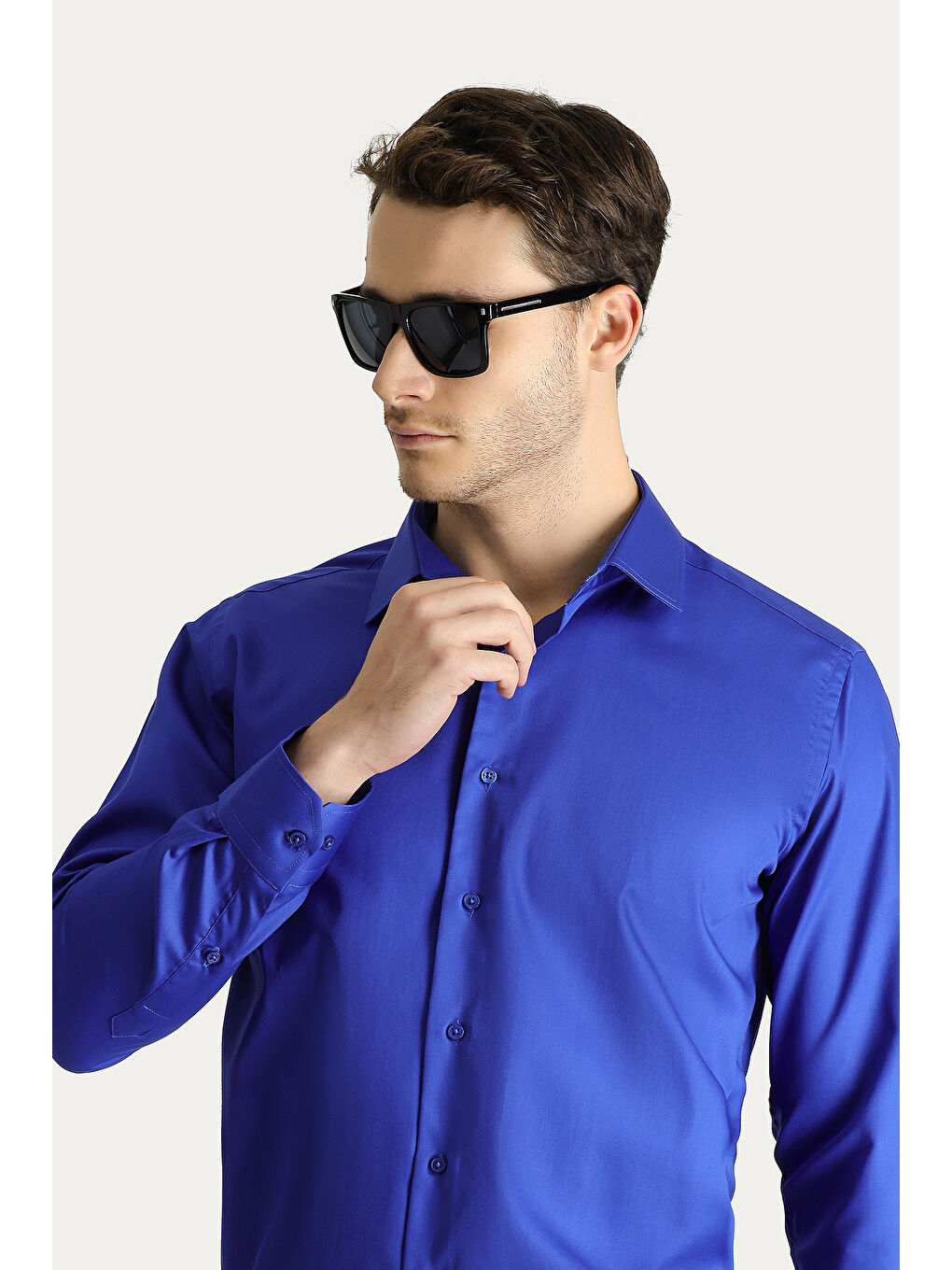 Mavi Uzun Kol Slim Fit Dar Kesim Non Iron Saten Pamuklu Gömlek