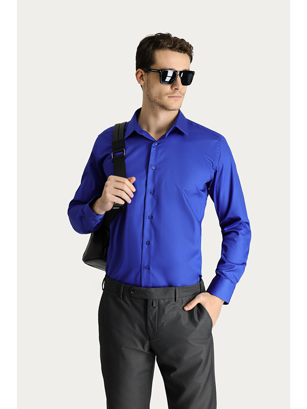 Mavi Uzun Kol Slim Fit Dar Kesim Non Iron Saten Pamuklu Gömlek-1