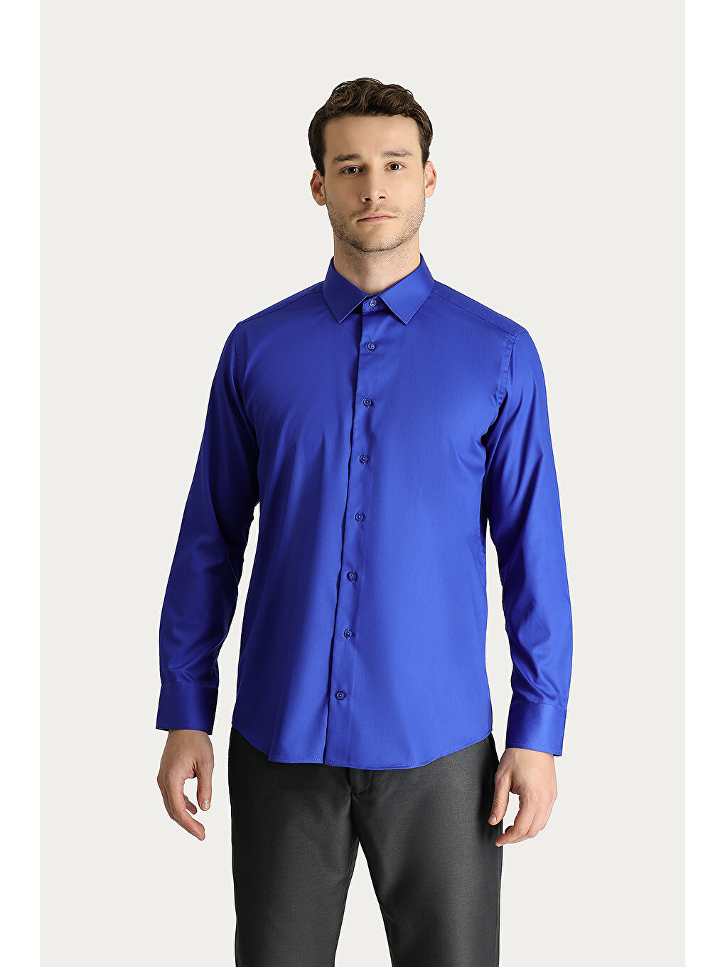 Mavi Uzun Kol Slim Fit Dar Kesim Non Iron Saten Pamuklu Gömlek-2