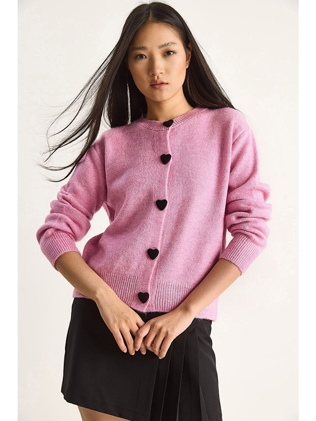 Pembe Kadın Kalp Düğmeli Triko Hırka-2