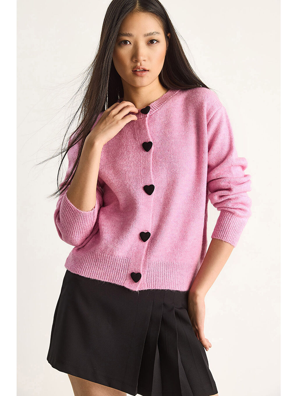 Pembe Kadın Kalp Düğmeli Triko Hırka-3