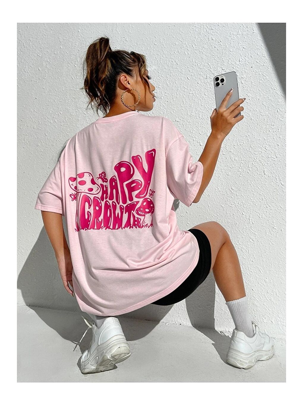 Trendseninle Pembe Kadın Pudra Pembe Happy Crowt Baskılı Oversize Tişört - 2