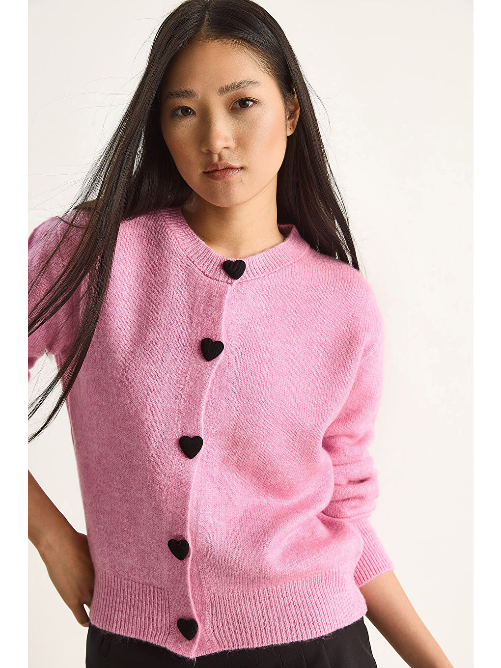 Pembe Kadın Kalp Düğmeli Triko Hırka-4