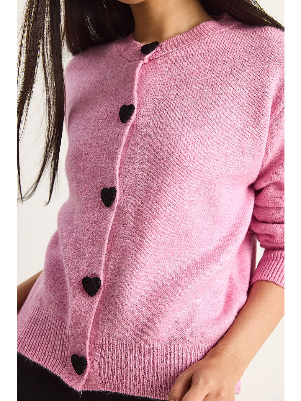 Pembe Kadın Kalp Düğmeli Triko Hırka-5