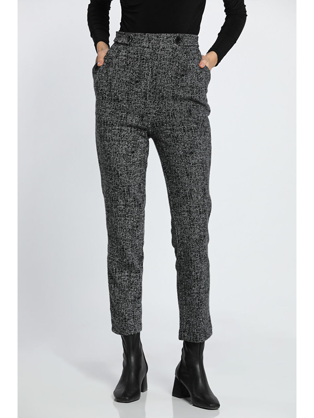 Siyah Kadın Desenli Yüksek Bel Beli Düğme Detaylı Pantolon-2