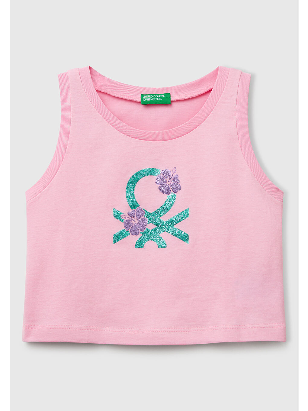 Kız Çocuk Pembe Simli Benetton Logo Baskılı Atlet