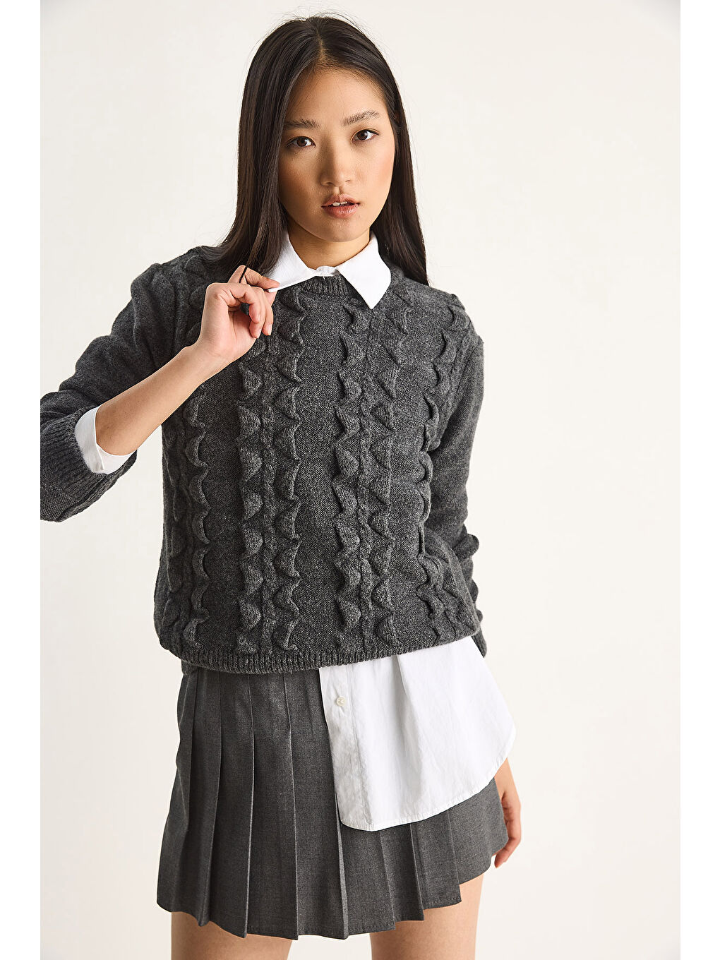 Antrasit Kadın Bisiklet Yaka Fırfırlı Yumoş Triko Kazak-5