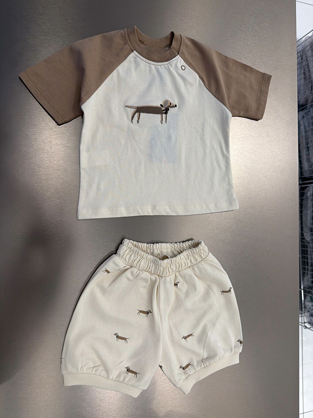 Karışık Unisex Çocuk Pamuklu Ekru Bej Köpek Nakışlı Tişört Şort Takım-2
