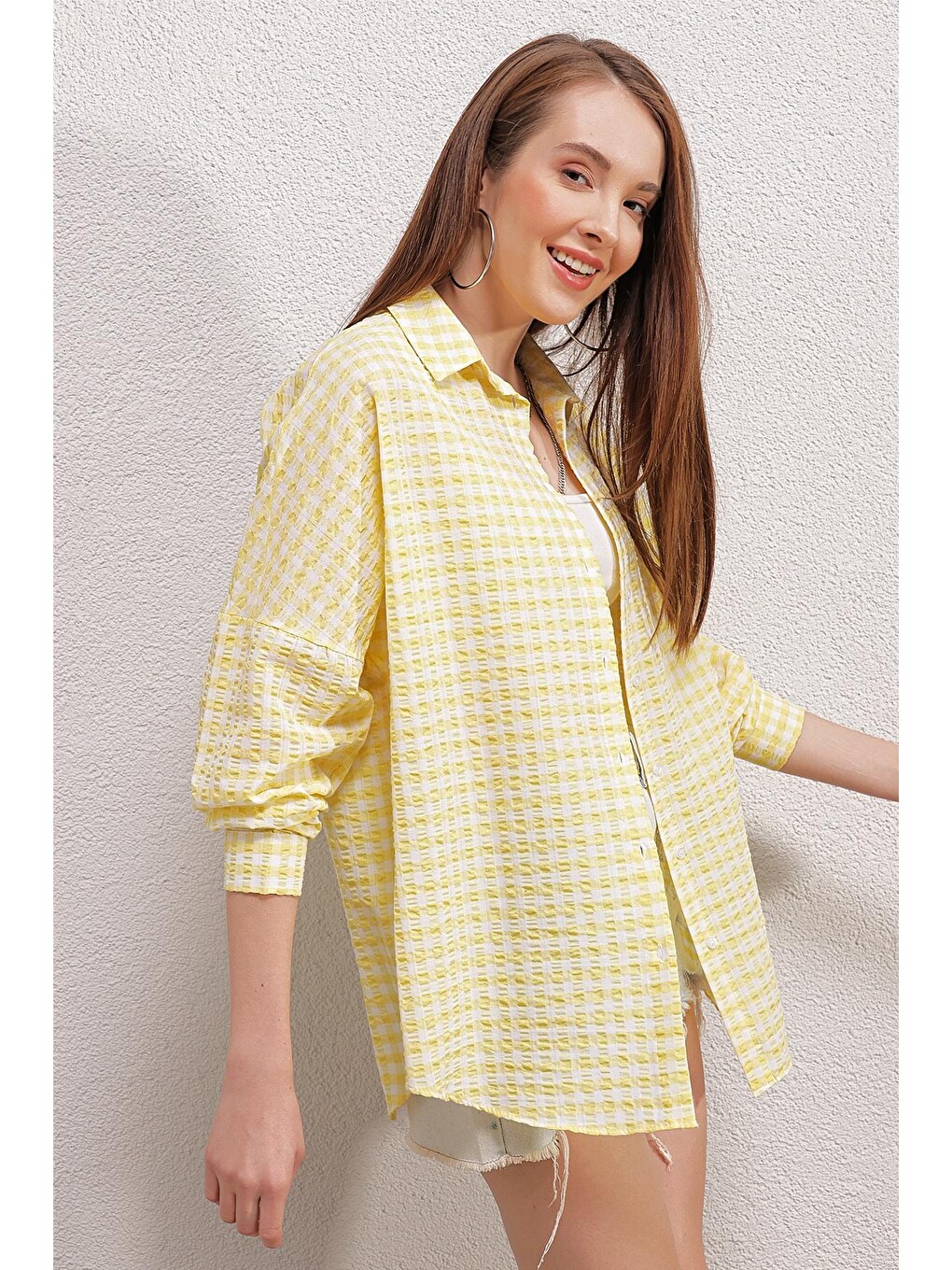 3900 Oversize Uzun Basic Gömlek - Y.sarı-1