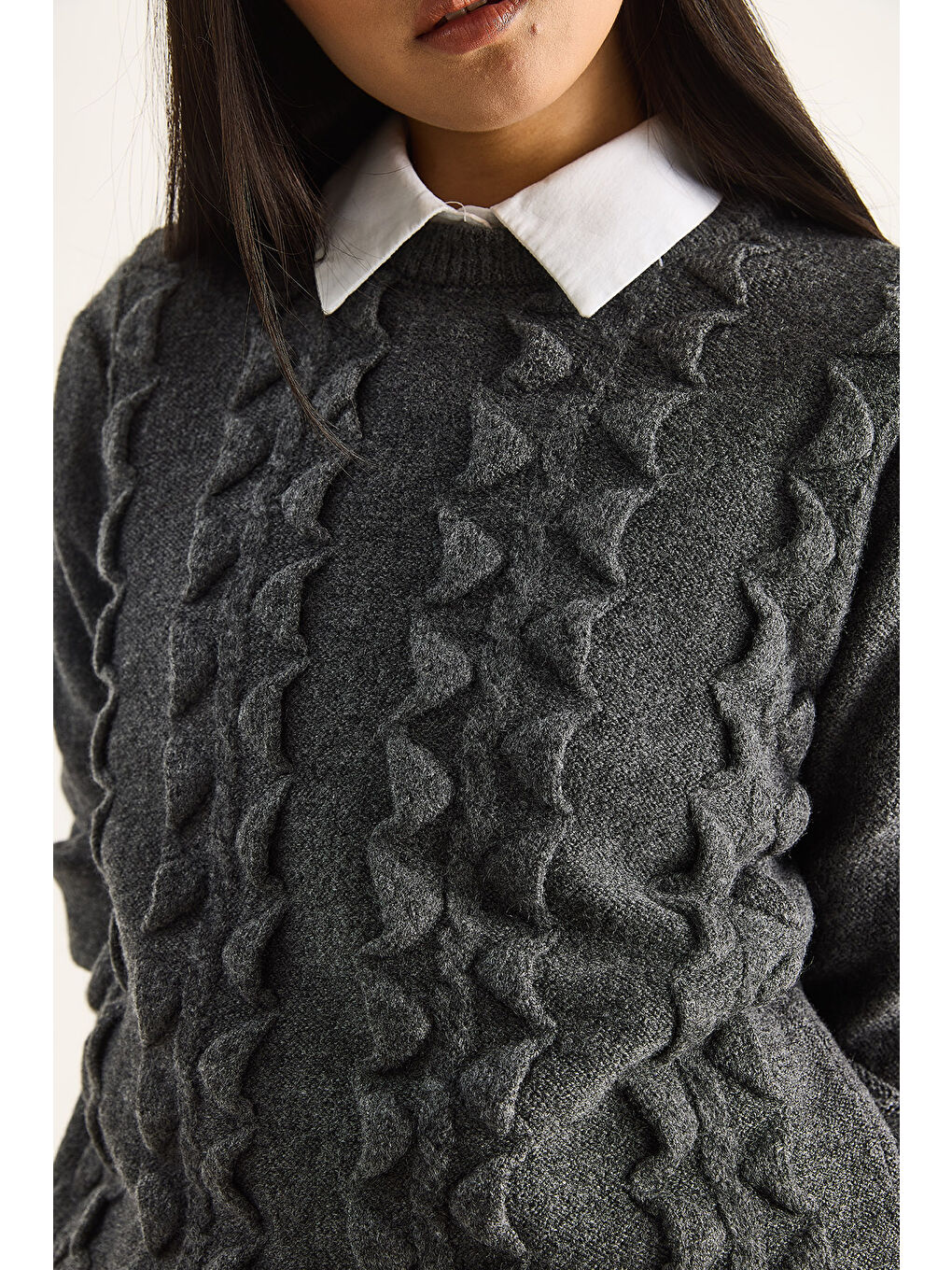 Antrasit Kadın Bisiklet Yaka Fırfırlı Yumoş Triko Kazak-6