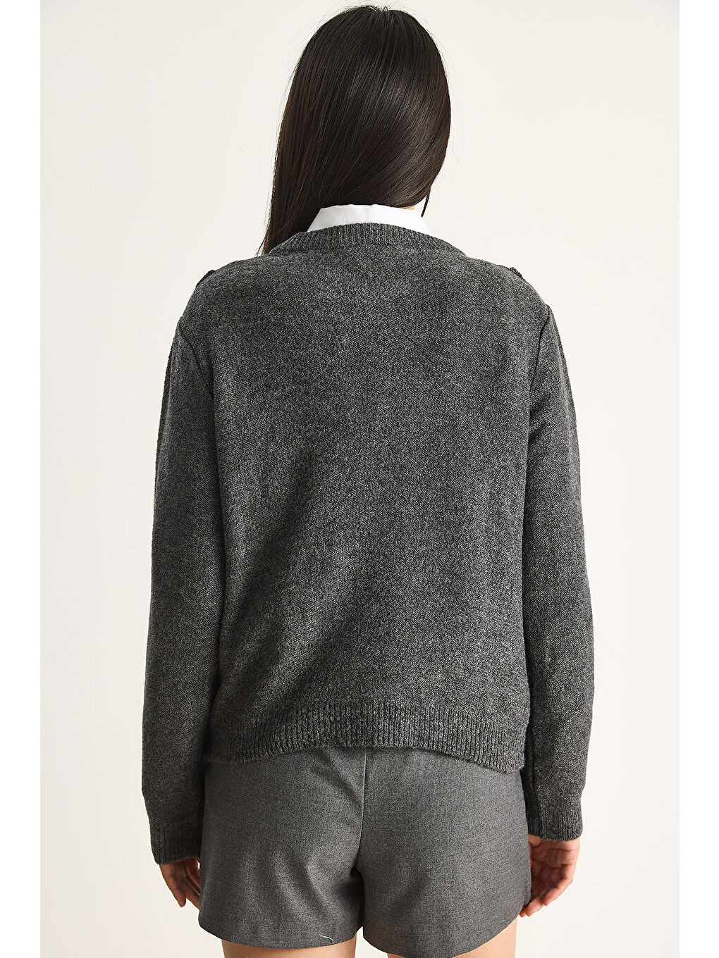 Antrasit Kadın Bisiklet Yaka Fırfırlı Yumoş Triko Kazak-7