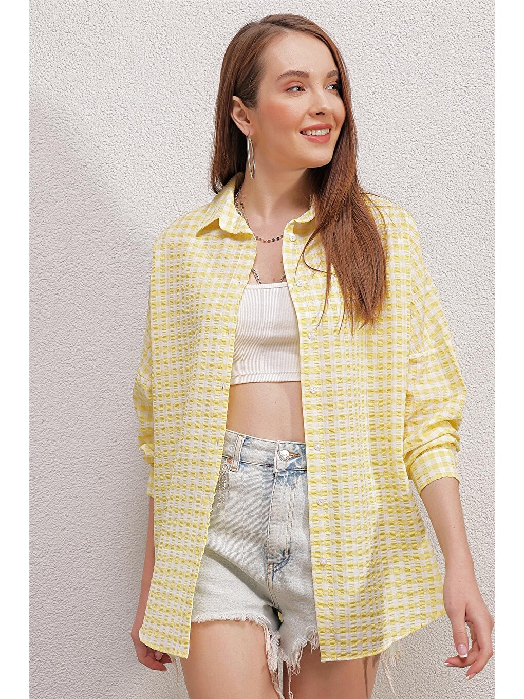 3900 Oversize Uzun Basic Gömlek - Y.sarı-2