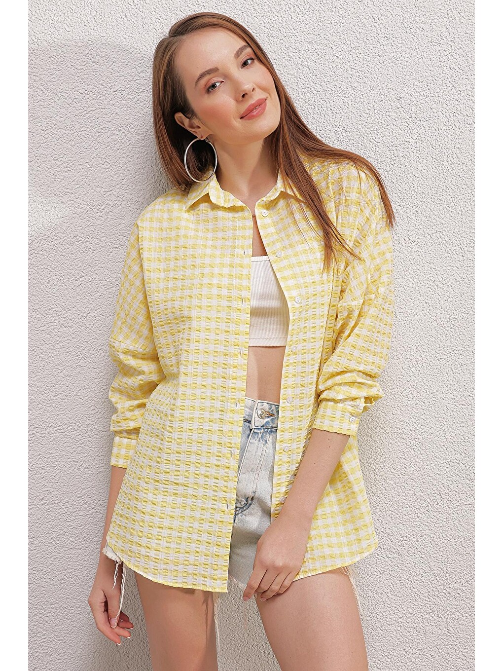 3900 Oversize Uzun Basic Gömlek - Y.sarı-4
