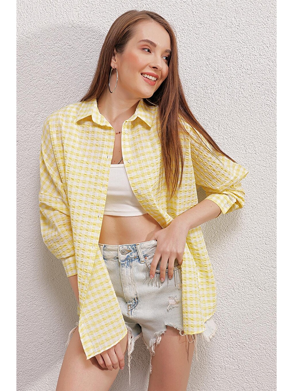 3900 Oversize Uzun Basic Gömlek - Y.sarı-5