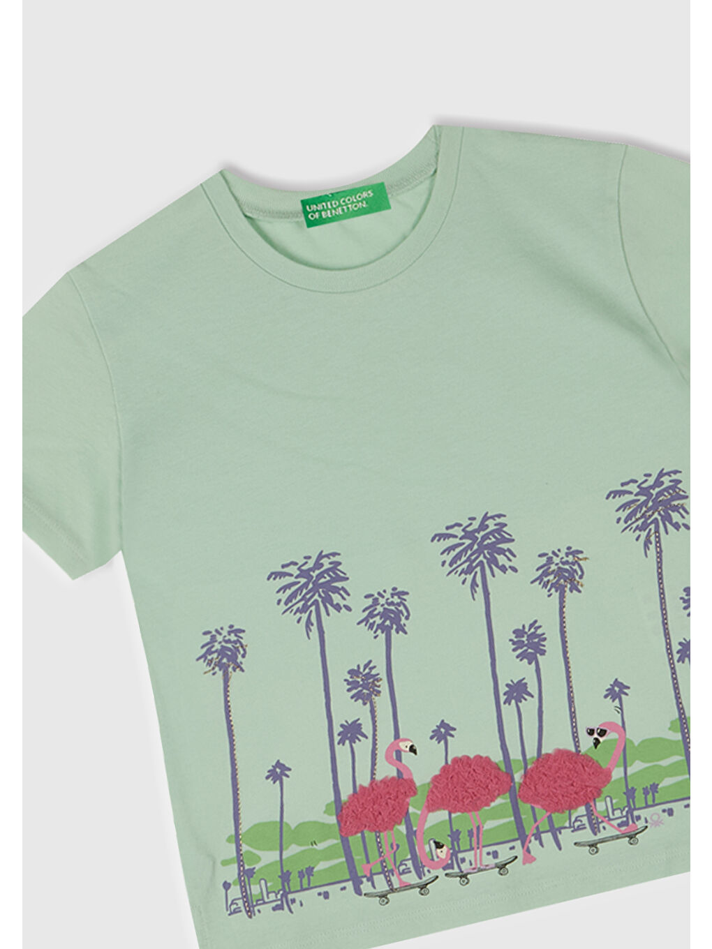 Turkuaz Kız Çocuk Su Yeşili Önü Baskılı Tül Aplikli Yırtmaçlı T-Shirt-1