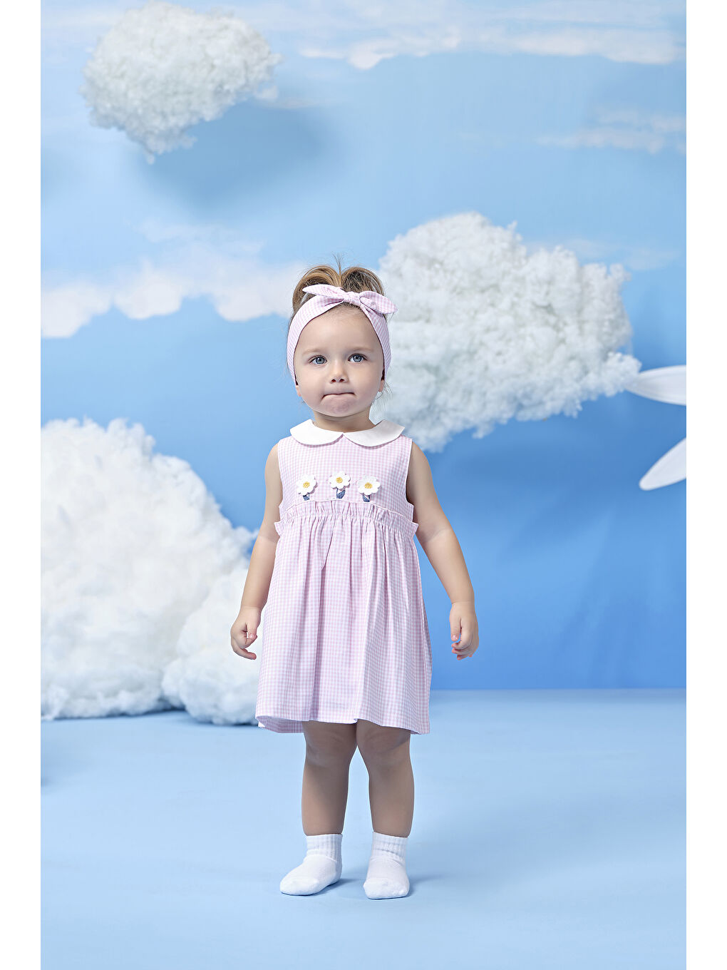Pembe Pötikareli Papatya Şeritli Kız Bebek Elbise-1