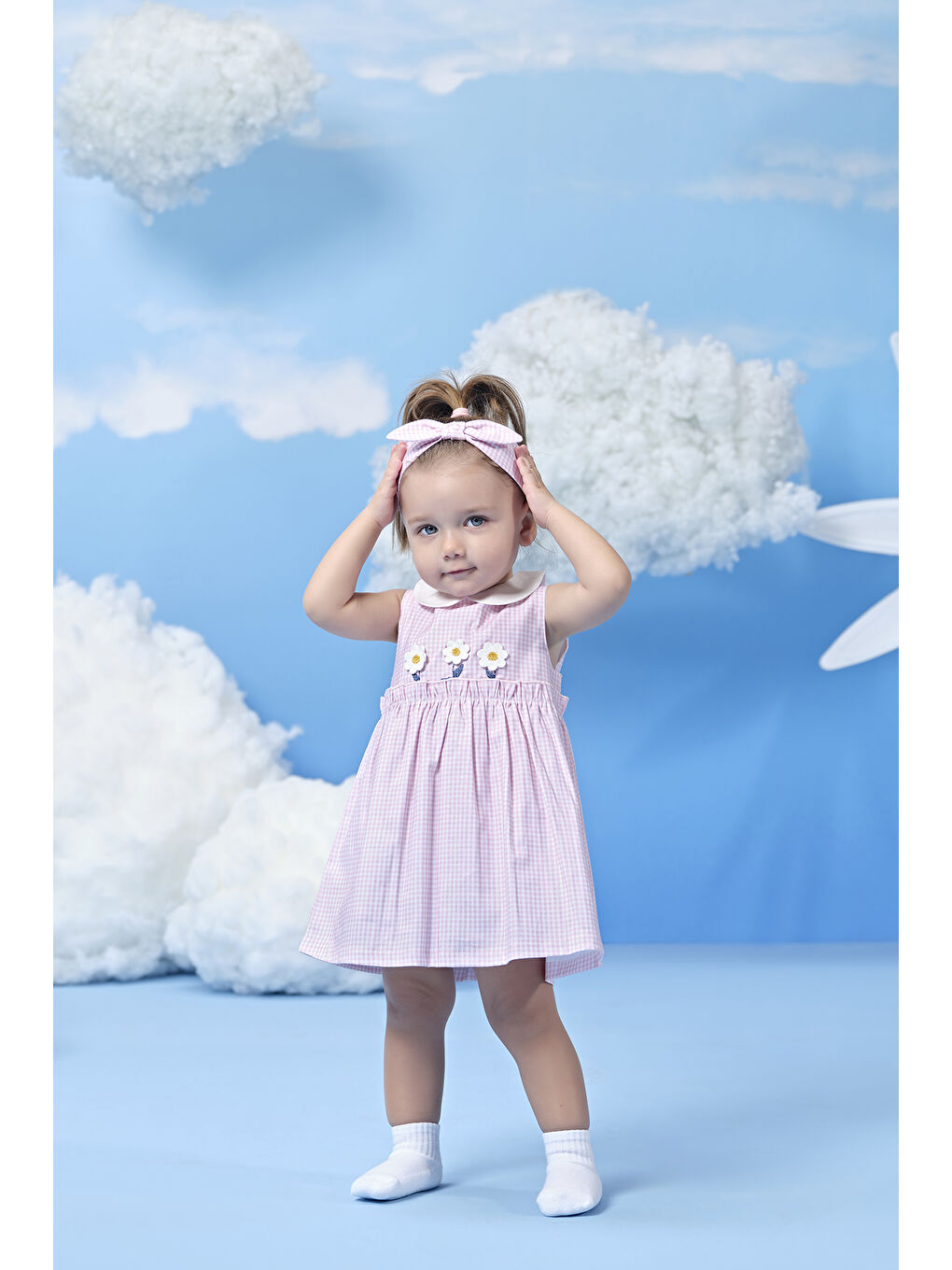 Pembe Pötikareli Papatya Şeritli Kız Bebek Elbise-2