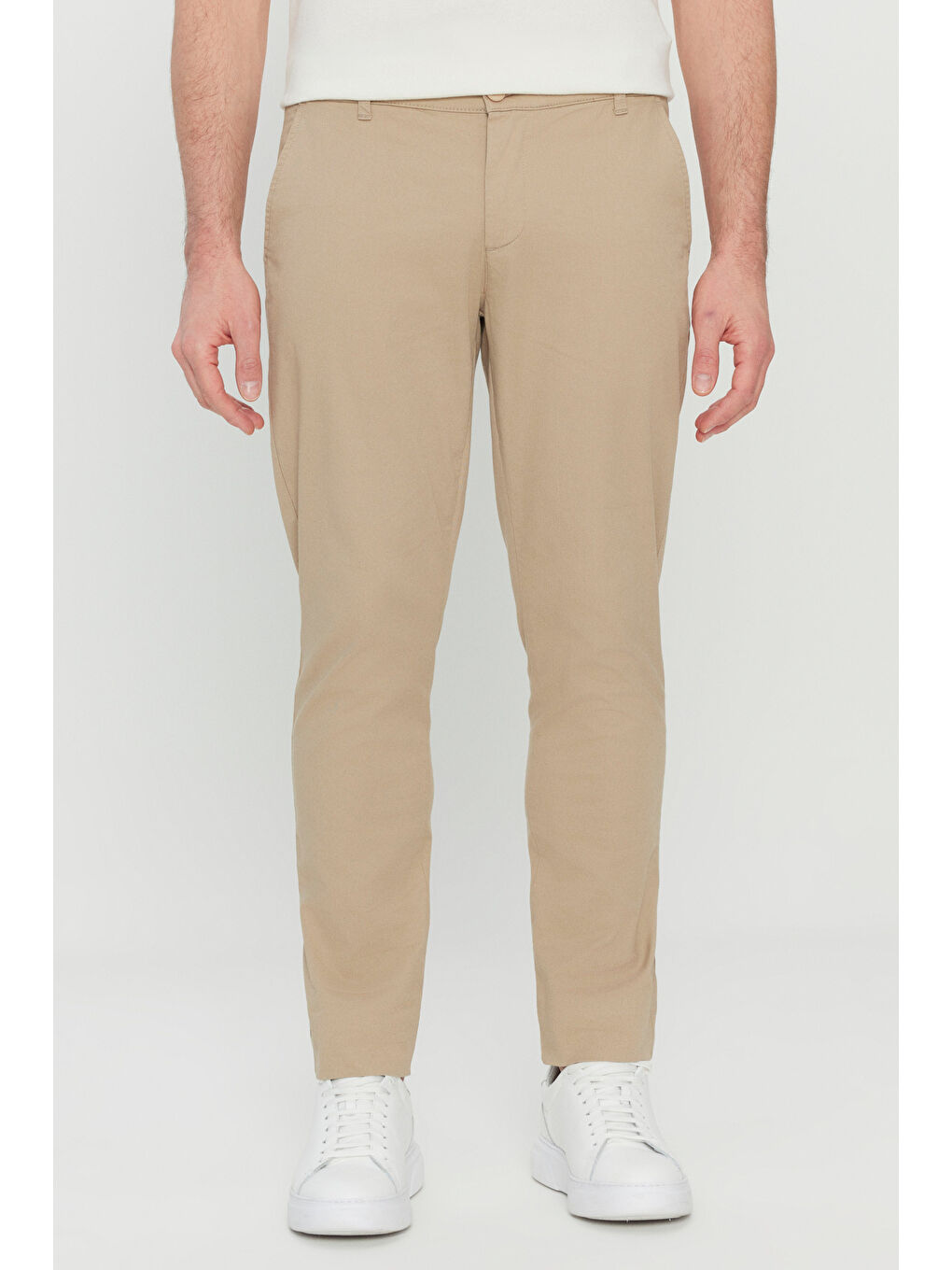 Kahverengi Erkek Camel Pamuklu Slim Fit Dar Kesim Yan Cep Esnek Casual Pantolon