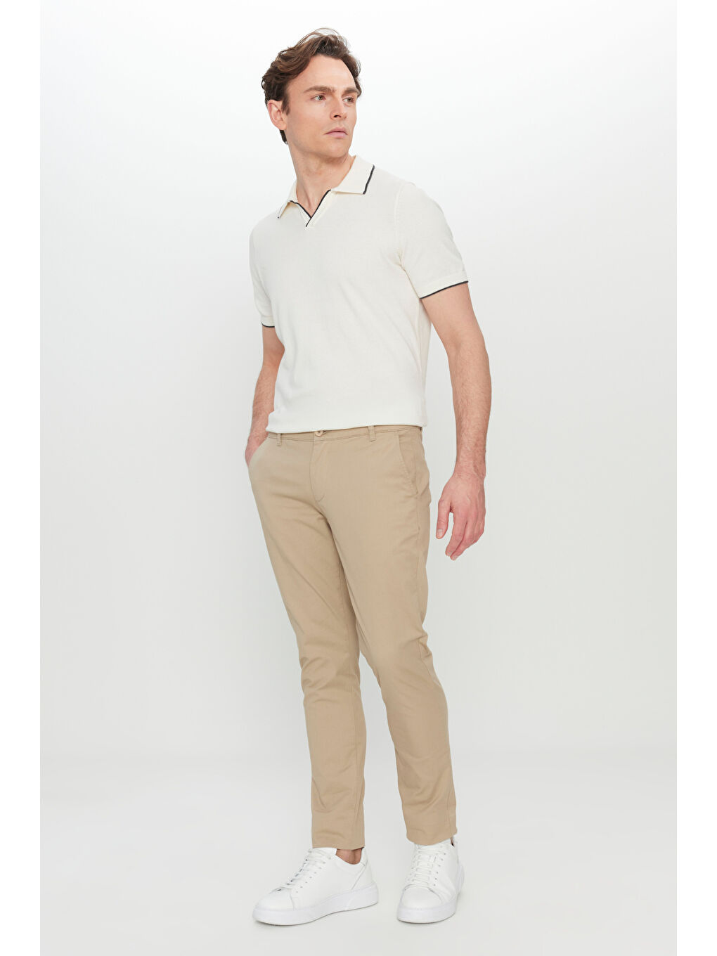 Kahverengi Erkek Camel Pamuklu Slim Fit Dar Kesim Yan Cep Esnek Casual Pantolon-1