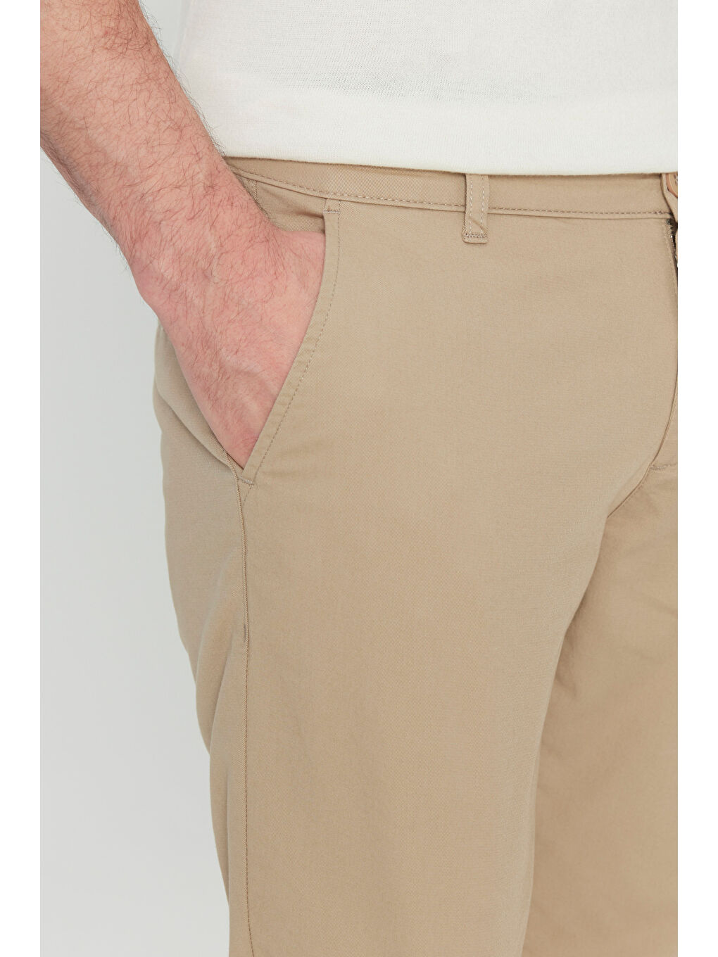 Kahverengi Erkek Camel Pamuklu Slim Fit Dar Kesim Yan Cep Esnek Casual Pantolon-3