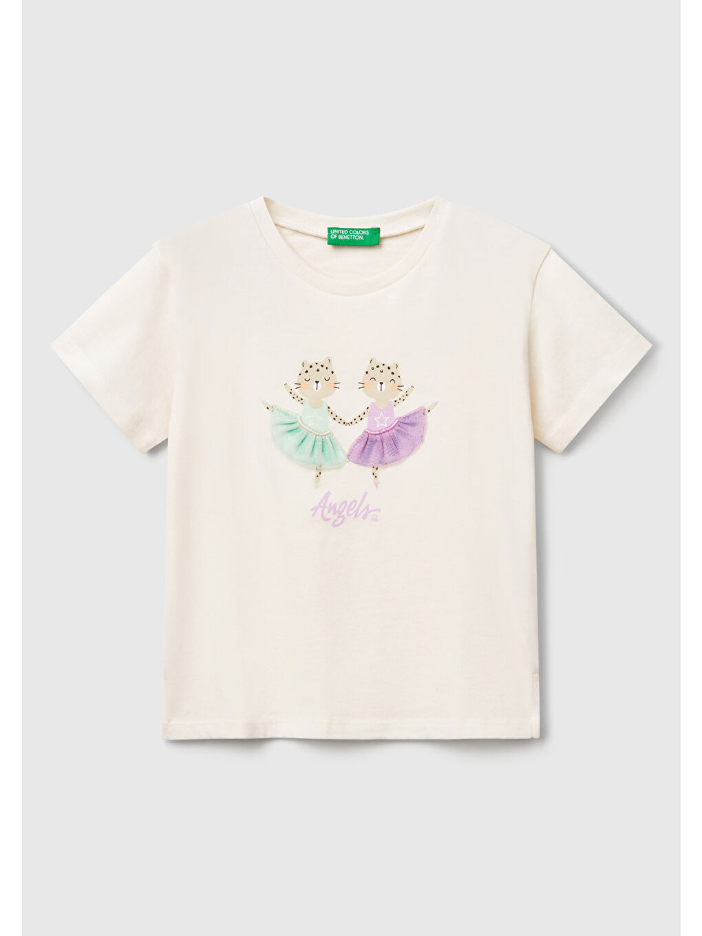 Kız Çocuk Ekru Önü Baskılı Tül Aplikli Yırtmaçlı T-Shirt