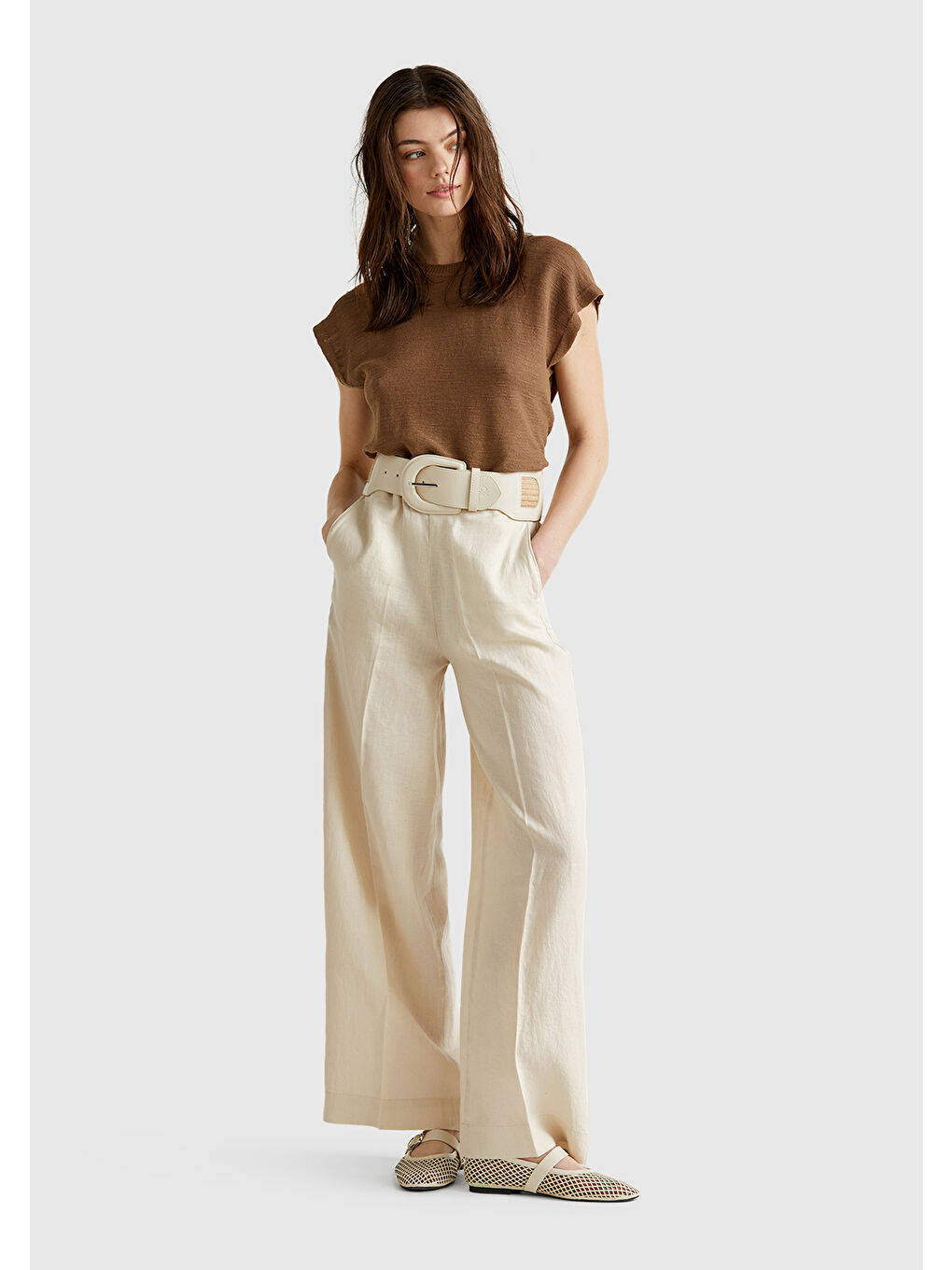 Bej Kadın Taş Rengi %100 Keten Yan Cepli Arka Beli Lastikli Palazzo Pantolon-2