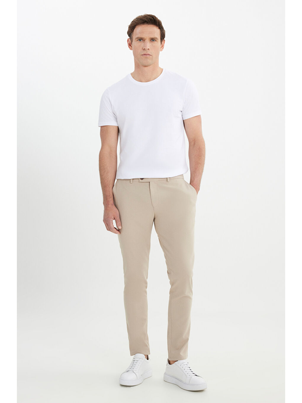 Erkek Bej Slim Fit İtalyan Kesim Yan Cepli Esnek Casual Pantolon-2