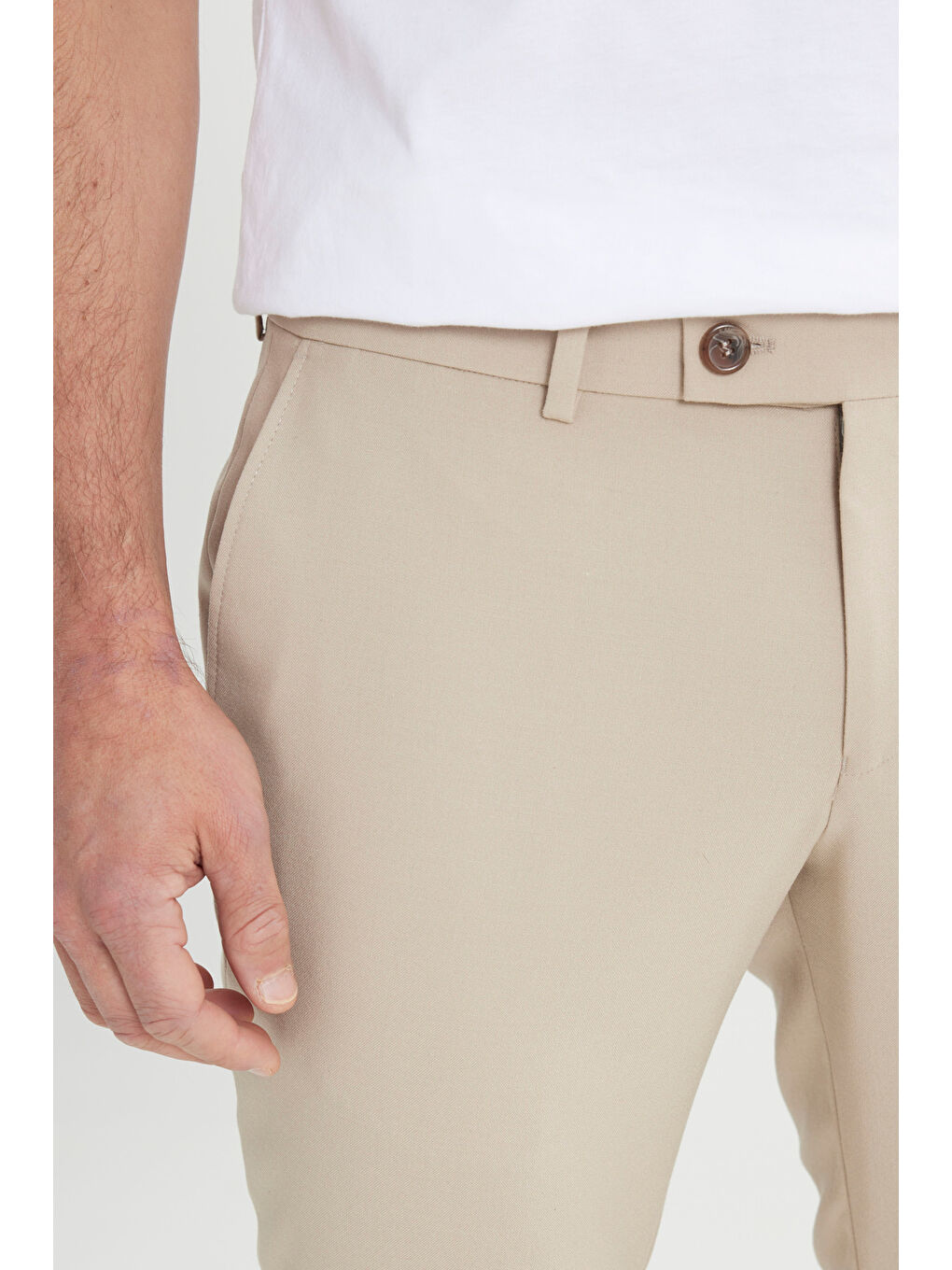 Erkek Bej Slim Fit İtalyan Kesim Yan Cepli Esnek Casual Pantolon-4
