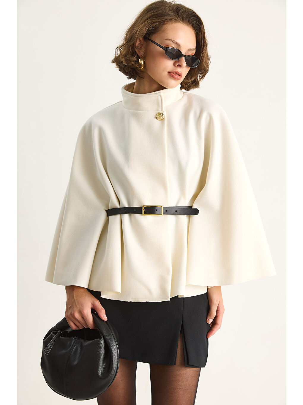 Ekru Kadın Gold Düğme Detaylı Kemerli Panço-2