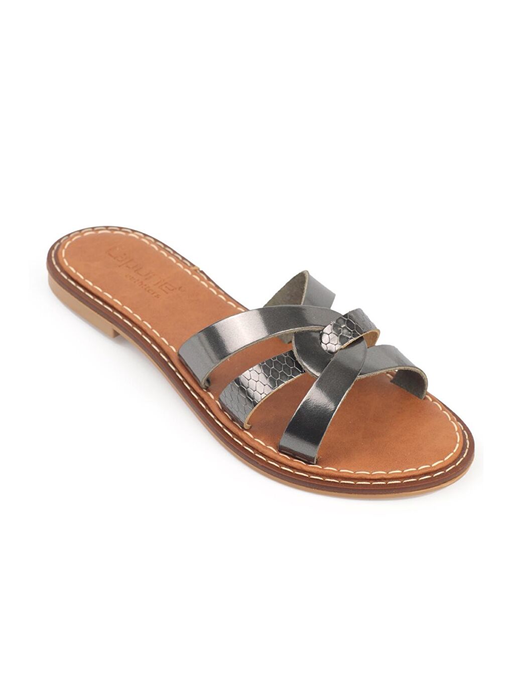 Gri Deri Kadın Terlik-3