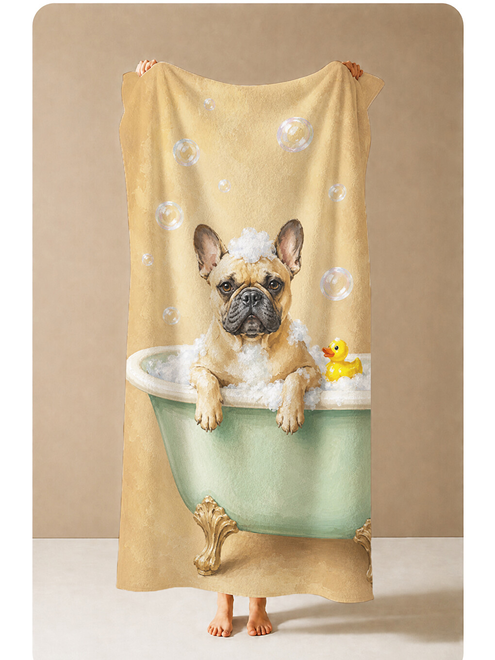 Mavi Sevimli Banyodaki Köpek Ve Köpük Desenli 70x150 Plaj Havlusu - Dijital Baskılı Solmaz Banyo Havlusu
