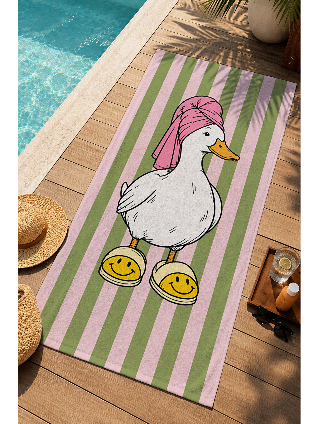 Pop Art Pembe Türbanlı Kaz Çizgili Eğlenceli Desenli 70x150 Plaj Havlusu - Pamuklu Banyo Havlusu