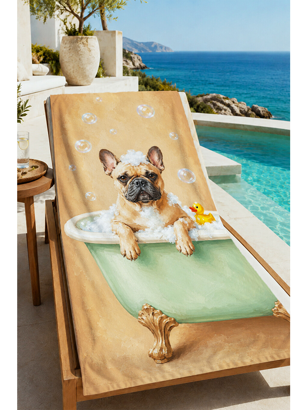 Mavi Sevimli Banyodaki Köpek Ve Köpük Desenli 70x150 Plaj Havlusu - Dijital Baskılı Solmaz Banyo Havlusu-1