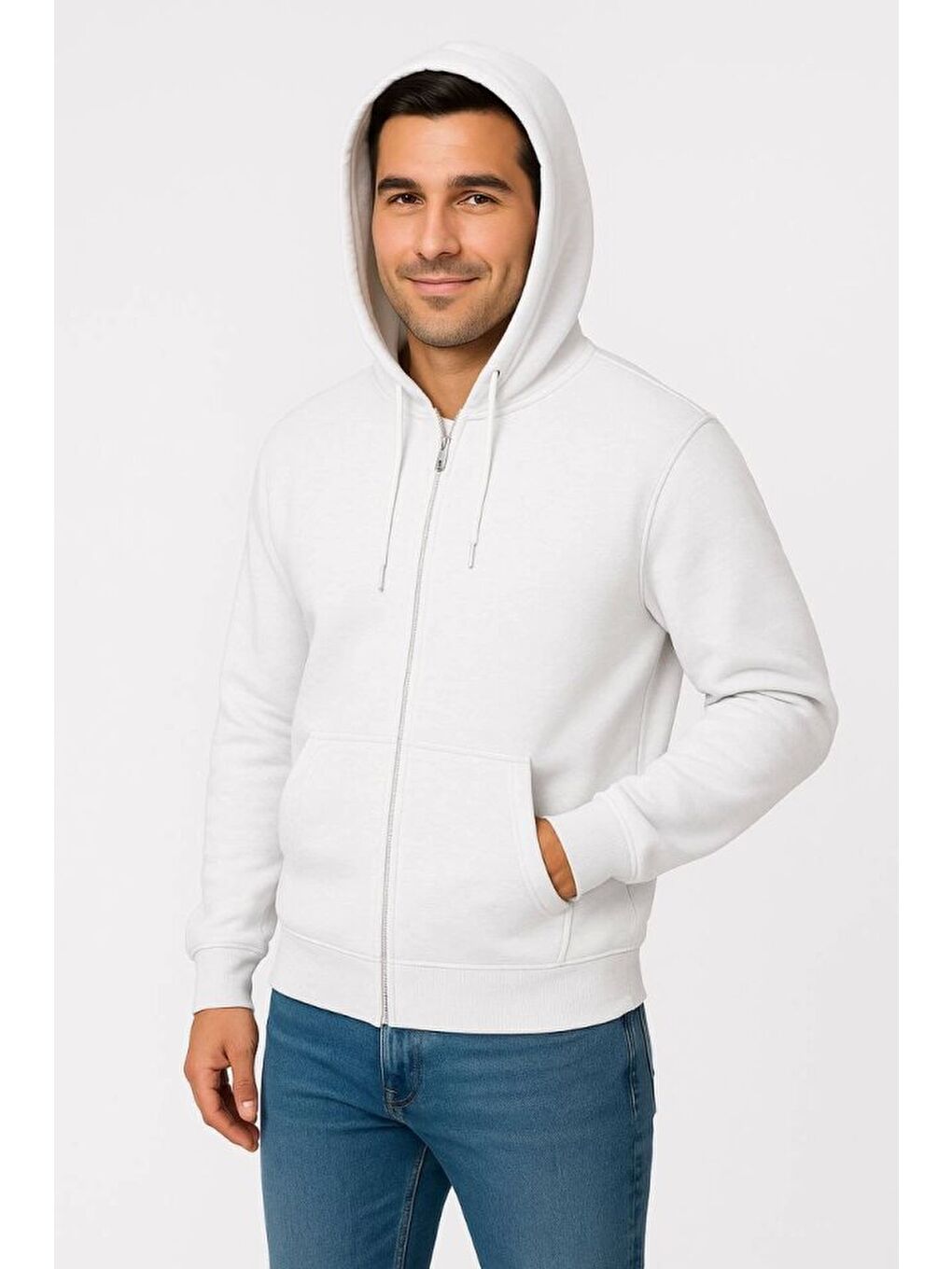 Erkek Üç İplik Kapüşonlu Tam Fermuarlı Kanguru Çepli SweatShirt Hoodie - Beyaz